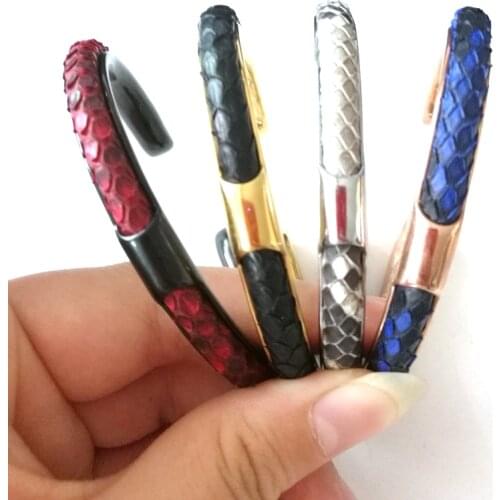 Beichong Classic Gold color Hardware & Men Black Python Bangle Genuine 5mm Python Bracelet For Men Custom Color Leather Bangles