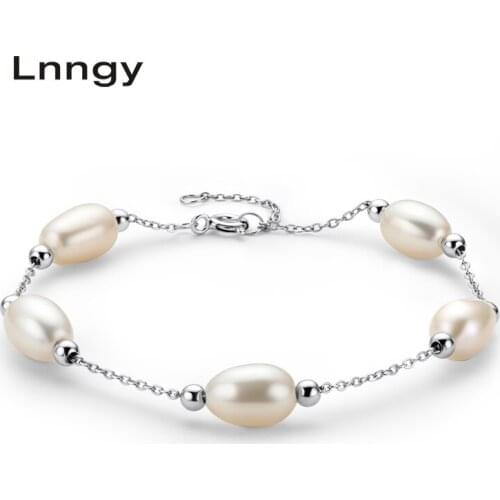 Lnngy 925 Sterling Silver Chain Bracelet 7-12cm Natural Freshwater Pearl Classic Charm Bracelet Women Engagement Jewelry Gifts