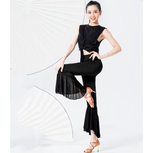 New Style Dance Pants Latin Ballroom Practice Pants Flared Pants With Ruffles Trousers Competition Women Medium High Waist Pants