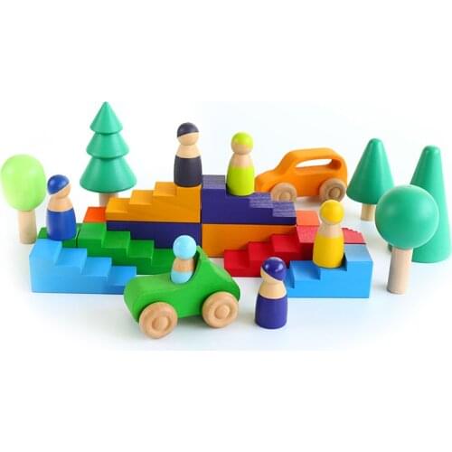 Wooden Rainbow Stairs Wood Blocks Colored Geometry Block Nordic Wood Toys Kids Creative Wooden Jenga Montessori Educational Toys