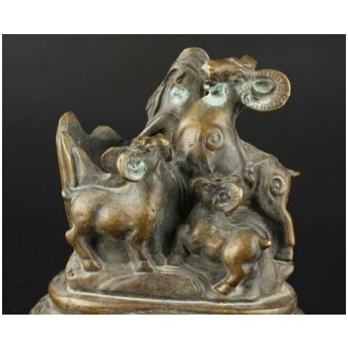 China Collect Manual Bronze Three Yang Kaitai Kung Hei Fat Choi Brush Pot