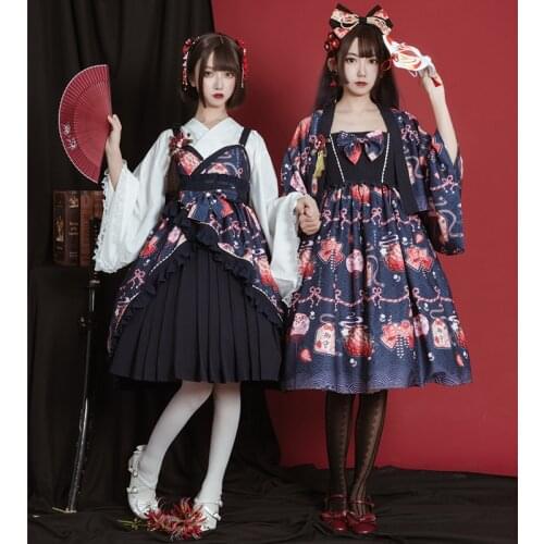 Original Design Japanese Kimono Theme Dress Set: JSK Suspender Lolita Dress & Inner Shirt & Haori Trench 3 Colors