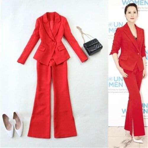 Red Women Pant Suits 2018 fashion suit spring and summer new big red Slim buckle suit + speaker trousers suit Women