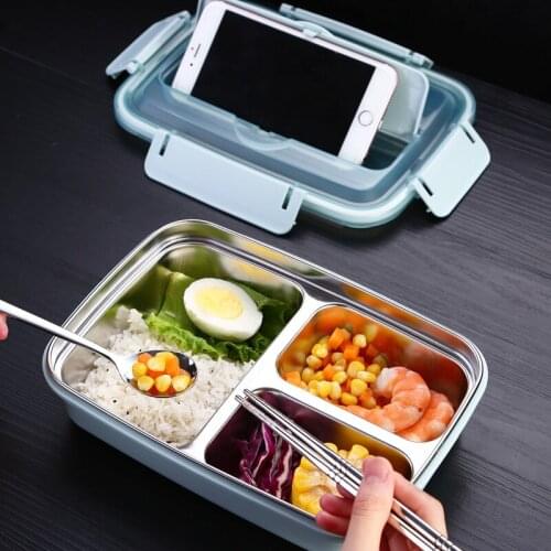 304 Stainless Steel Bento Lunch Box Anti-scalding Portable Student Adult Insulated 3 Grid Fast Food Plate With Chopsticks Spoon