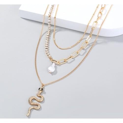 Minar Trendy Shiny Rhinestone Snake Pendant Necklace for Women Multi Layers Linked Chain Twist Irregular Pearl Choker Necklaces