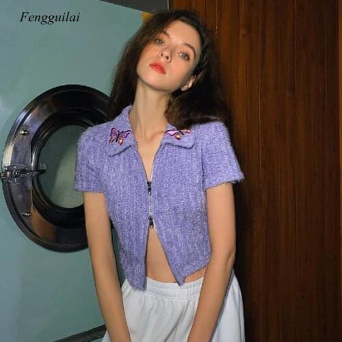 2021 New Butterfly Embroidery T-Shirt Womens Street Club Wear Summer Zipper Open Navel Short Sleeve Top for Girl