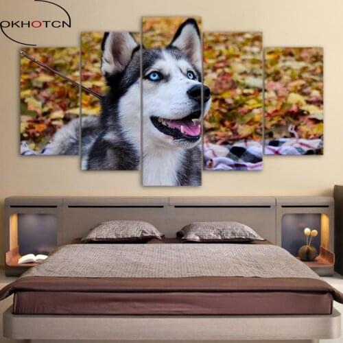 OKHOTCN Wall Art Canvas Painting Frame Home Decor Poster 5 Pieces Animal Husky Pet Dogs Kiss Cat Pictures Living Room HD Printed