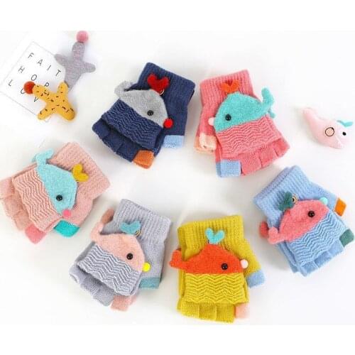 Autumn Winter Knitted Children Gloves Cartoon Flip Half Finger Girl Boy Mittens Warm Outdoor Kids Gloves Baby Accessories 4-8Y
