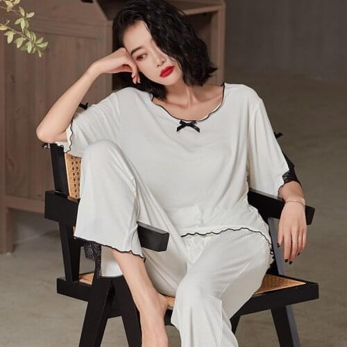 Sexy Lace Floral Women Pajamas Sets Modal 2PCS Bride Nightwear M-XXL Pyjamas Lingerie Sleepwear Summer Lounge Home Clothes