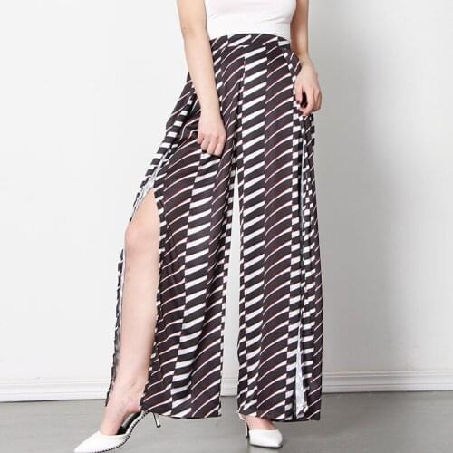 Casual Chic Loose Striped Prints Slit Pants Women High Waist All-match Stripes Wide Leg Trousers