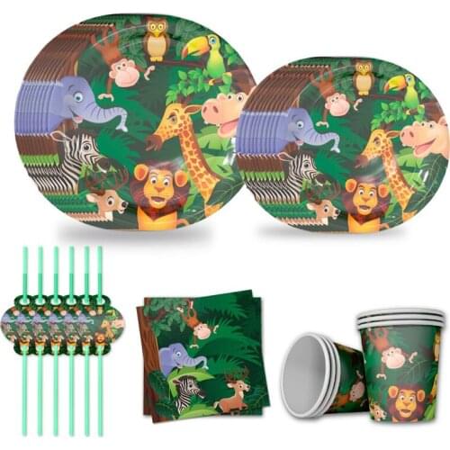 Jungle Animal Theme Birthday Party Supplies Kids Children Party Decoration Cup Plate Pull Flag Disposable Tableware Dinner Set
