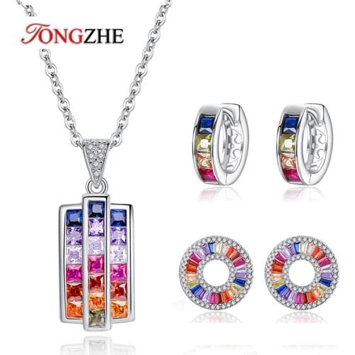 TONGZHE Korean Fashion Zirconia 925 Sterling Silver Rainbow Heart Hoop Earrings CZ Women Necklace Rings Set Charm Jewelry Gifts