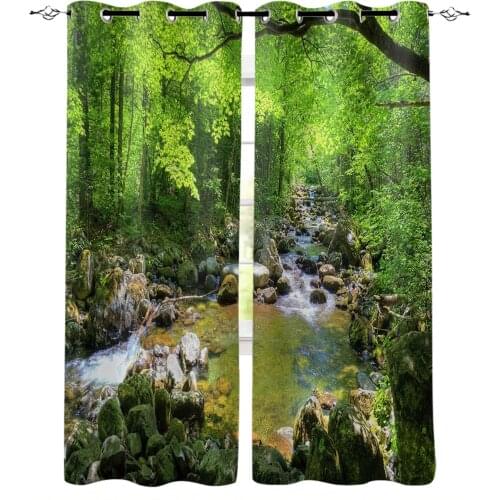 Green Forest River Rock Window Curtains Kitchen Drapes Panel Home Decor Curtains for Living Room Curtains for Bedroom
