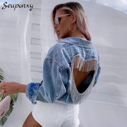 High Quality Spring 2021 WomenS Denim Jacket Sexy Lapel Long-Sleeved Single-Breasted Heavy Diamond Backless Tassel Denim Jacket