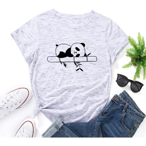 Nature Panda Sleeping on Bamboo Tree Shirt for Women Cute Panda Bear T-Shirt Animal Graphic Tee Summer Cotton Short Sleeve Tops