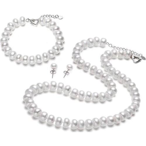 Genuine Natural Freshwater Pear Jewelry Set 925 Sterling Silver Pearl Necklace Bracelet Stud Earrings For Women Fashion Gift