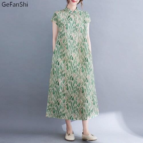2021 Casual Loose Print Short Sleeve Dress Elegant Ladies Fashion Cotton Linen Cheongsam Collar Women Summer Elegant Dresses