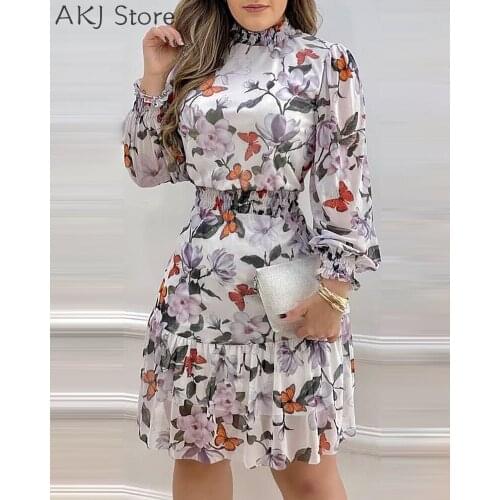 Women Floral Print Mini Dress Long Sleeve Shirred Ruffle Party Dress Vestidos