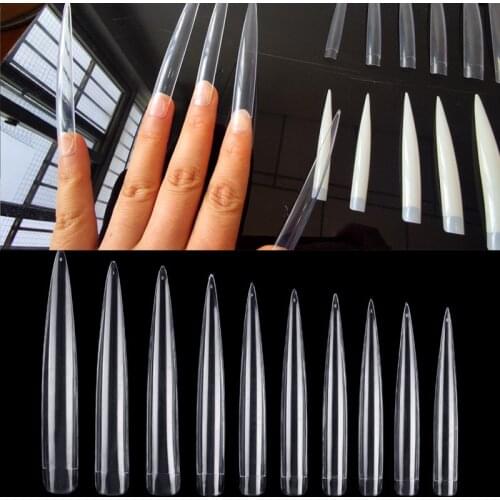 12/60/120pcsXXL Extra Long Stiletto Fake Nail Tips Set Clear Natural Acrylic Half /Full Cover Transparent Salon False Nails H
