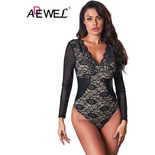 ADEWEL Sexy Black Long Sleeve Bodysuit V Neck Snake Pattern Combinaison Pantalon Femme Ropa Mujer Women Push Up Bodysuits L