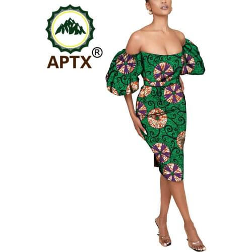 African Women Clothing Off The Shoulder Sexy Ankara Style Floral Skirt Mid Calf Pure Cotton Puff Sleeve Elegant Princess Dress