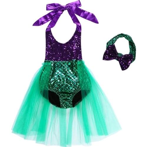 Girl Mermaid Ariel Dress Girl Cosplay Costume 2021 Summer Kids Girl Beach Holiday Beach Dress Headband 2 3 4 5 6T