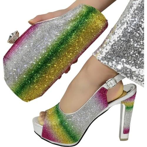 Doershow New Ladies Italian Shoes and Bag Set silver African Shoes and Matching Bags Italian Nigerian Shoes and Bag!SPO1-1