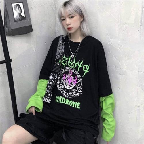 Harajuku fluorescent green letters print fake 2 piece patchwork tee shirt Autumn street long sleeve T-shirt women men