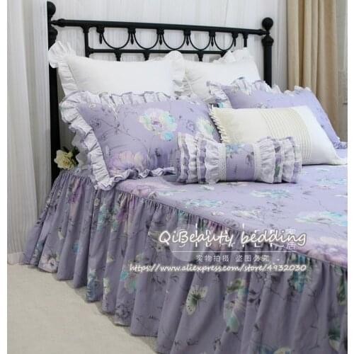 Ins style European pastoral purple flowers and birds lotus leaf lace cotton duvet cover bedding Queen four-piece set
