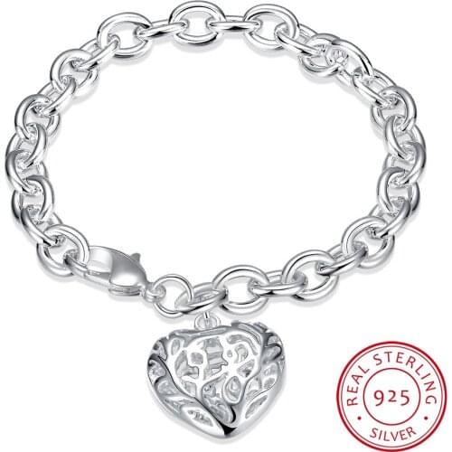 LEKANI Womens Fine Jewelry 925 sterling silver Hollow heart Charm 8'' thick Chain Lobster Clasp bracelet bangle Bileklik