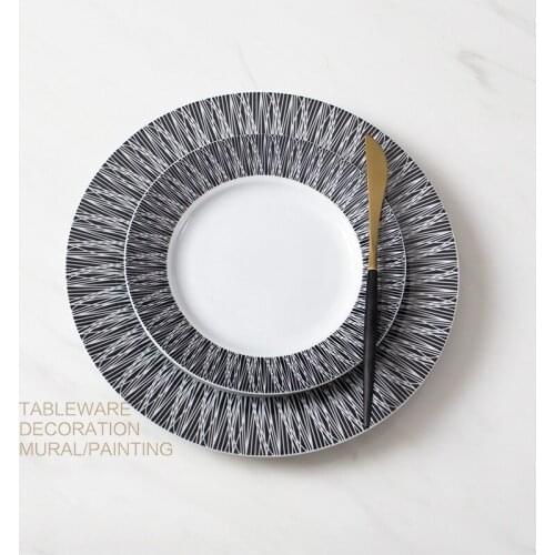 European-style Dining Table Set Plate Model Room Decoration Black Pattern Plate Dining Table With Tableware