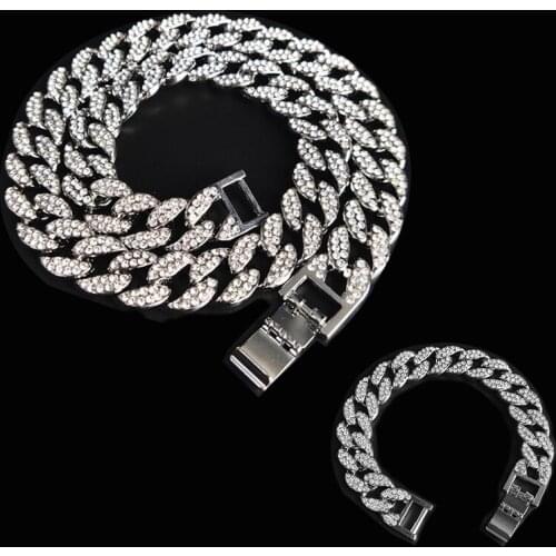 Hip Hop Iced Out 15MM Paved Rhinestones 2pcs Kit Miami Cuban Chain CZ Bling Rapper Necklaces For Man Jewelry