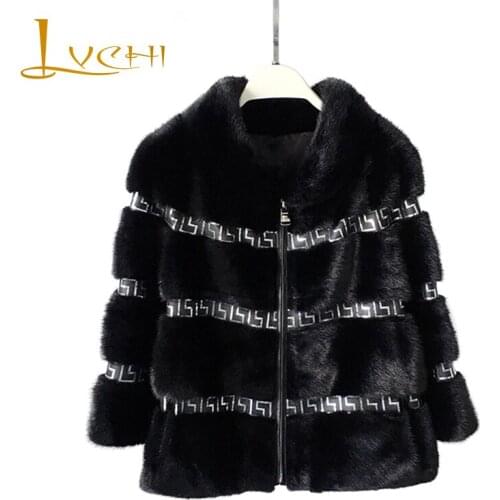 LVCHI Winter 2019 Black Import Office Lady Mink Fur Coat Womens Mandarin Collar Three Quarter Coat Sequins Short Mink Coats