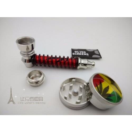 New 1set Fashion Metal Smoking Pipes With Lid + Mini Grinder+5 Screens+retail Package 4colors