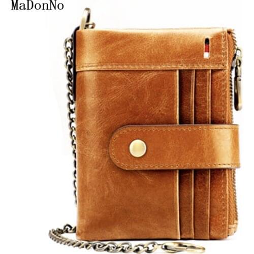 2021 New 100% Genuine Leather Men Wallet Coin Purse Small Mini Card Holder Chain PORTFOLIO Portomonee Cartera Male Walet Pocket