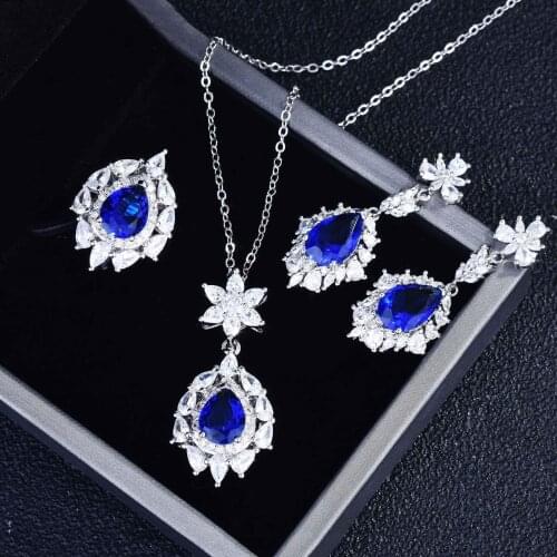 925 New Luxury Imitation Natural Tanzanite Blue Jewelry Set Drop-shaped Diamond Earrings Color Gemstone Ring Pendant Necklace