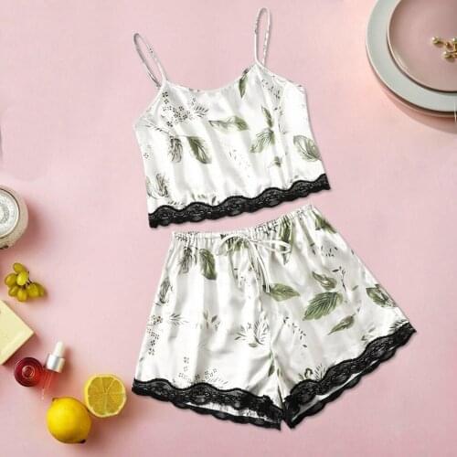 Sexy Lingerie Pajama Prant Set Leaves Pattern Black Lace Plus Size Summer Square Collar Sleeveless Womens Shorts Hot Sale