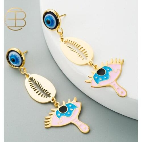 Stainless Steel Shell Eye Teardrop Charm Boho Jewelry Long Gold Enamel Eye Statement Earrings For Women Vintage Earring