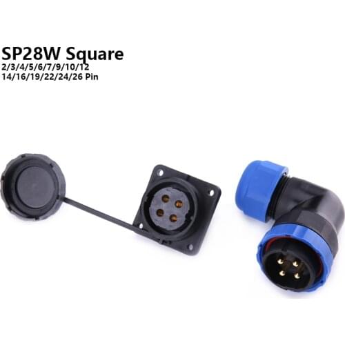 SP28 IP68 Elbow Square Flange waterproof cable connector 2/3/4/5/6/7/9/10/12/14/16/19/22/24/26 Pin Electric Power plug socket