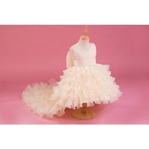 3-14T flower girl Trailing wedding dresses Girl high quality Tutu Mermaid dress V-neck big bow Princess long dress Party
