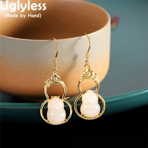 Uglyless Hollow Gourds Earrings for Women Natural Hotan Jade Brincos Real 925 Silver Ethnic Dress Earrings Gold Vogue Jewelry