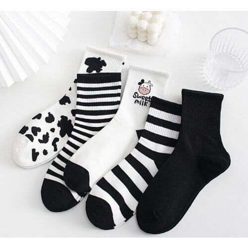Japanese Style 10 pairs Cartoon Cow Printed Sock Lovely Harajuku Cotton Women Socks Striped Solid Breathable Casual Socks