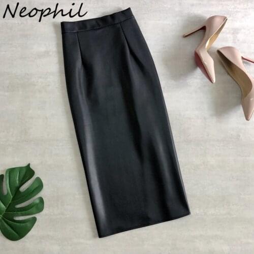 Neophil 74cm Womens Winter Pu Leather Midi Skirts Pencil Bodycon Eleangt Office Ladies High Waist Faux Stretch Sexy Skirt S9902