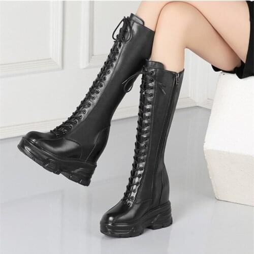 PXELENA Genuine Leather Punk Rock Gothic Boots Women Mid Calf Wedge Hidden High Heels Creepers Platform Combat Motorcycle Shoes