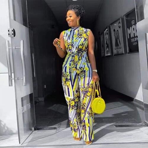 HIJABMUSS African Womens Clothing Jumpsuit Digital Printing High Stretch Sleeveless Wide Leg High Waist Jumpsuit With Belt