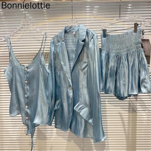 2021 Autumn Women Glass Silk Suit Coat + Sling + Elastic Waist Shorts Women 3 Piece Set New Small Fragrance Suit High Quality