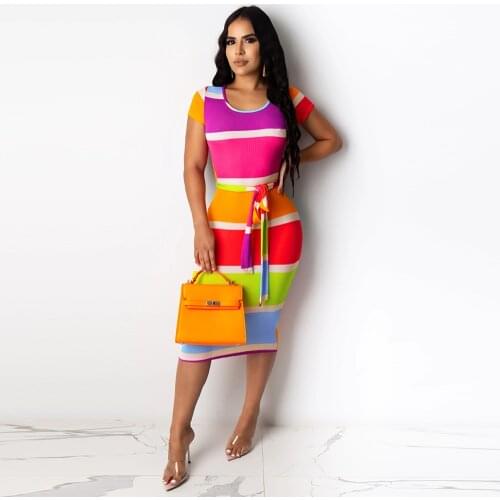Rainbow Striped Print Elegant Skinny Dress Women Body-shaping Short Sleeve Knee Length Dresses Elegance Backless Party Vestidos