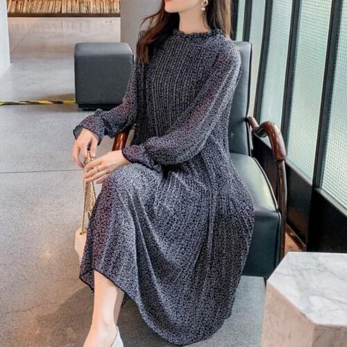 Women Chiffon Dress 2020 Spring Summer Pleated and Printed Long Sleeve Female Dress Lace Up Loose Plus Size 4XL Elegant Vestido