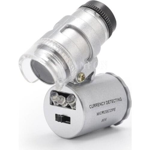 100set/lot 60X ZOOM Mini Pocket LED UV Jewellers Loupe Microscope Glass Jewellery Magnifier With LED Light Mobile Phone Lens