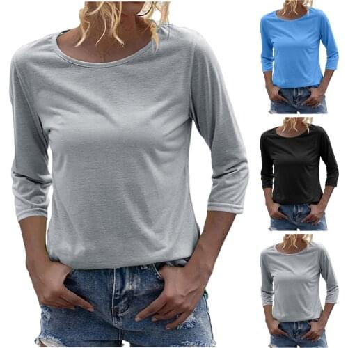 2021 New Women Blouses Fashion Round Neck 3/4 Sleeve Blouses Solid Casual Basic Tops Blouse Women Basic Blouse Длинный Рукав
